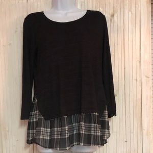 Chenault Half Plaid Half Solid Crew Neck  Blouse